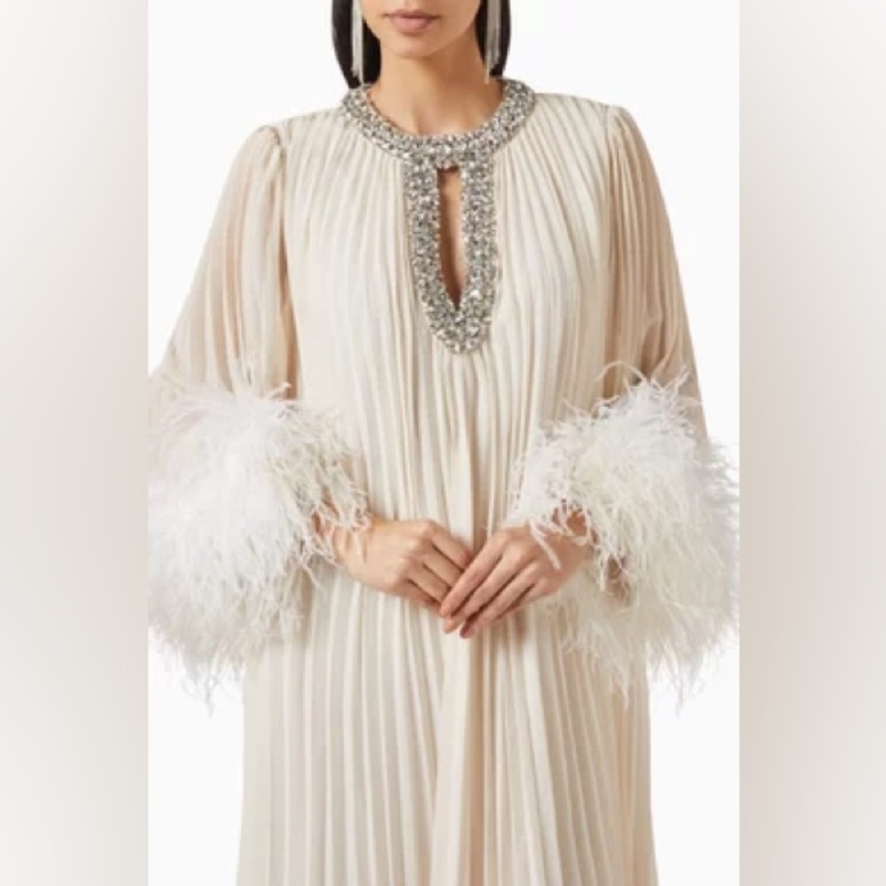 Self-Portrait Feather Sleeve Chiffon Maxi with Crystal Embellished Collar